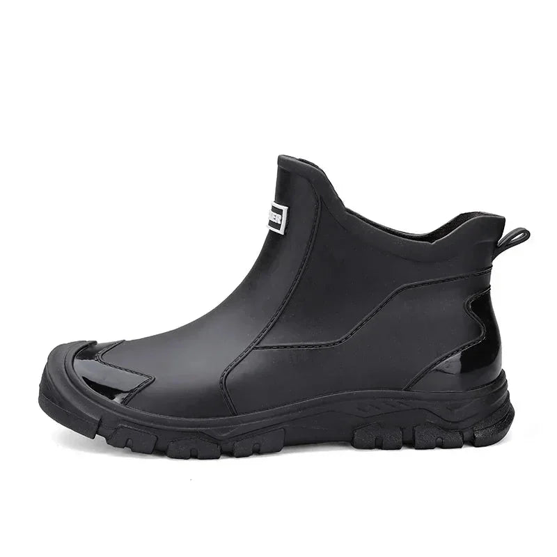 Black Men's Waterproof Rain Boots — Carrie Cushioned Slip-On - Studio Side Profile