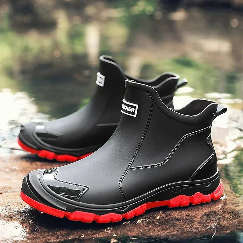 Multicolor Men's Waterproof Rain Boots — Carrie Cushioned Slip-On - Outdoor Pair Red Sole