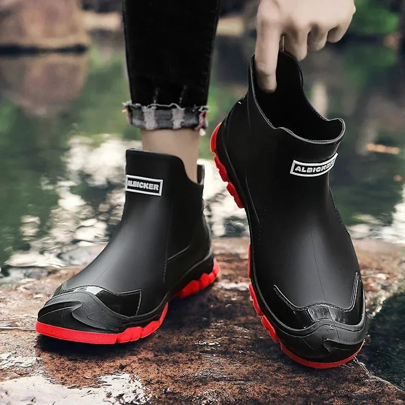 Multicolor Men's Waterproof Rain Boots — Carrie Cushioned Slip-On - Worn Lifestyle Detail