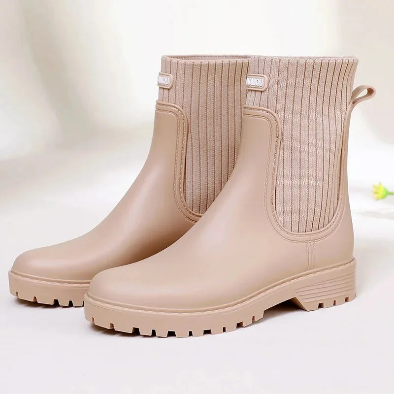 Beige Women's Waterproof Rain Boots — Siobhan Ribbed Knit Lug Sole - Angled View