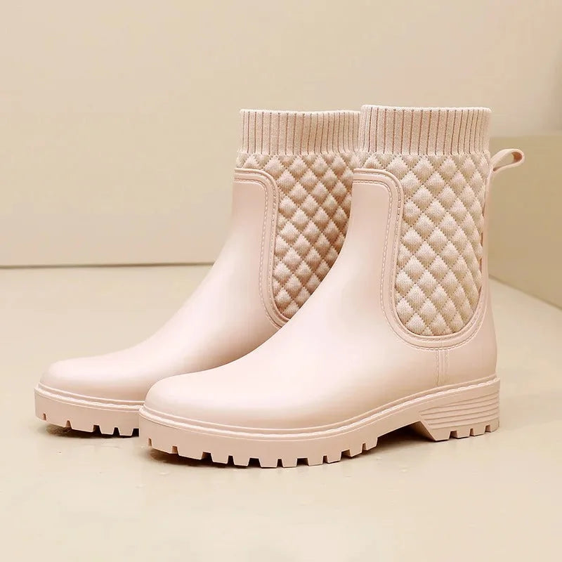 Beige Women's Waterproof Rain Boots — Siobhan Ribbed Knit Lug Sole - Front Quarter