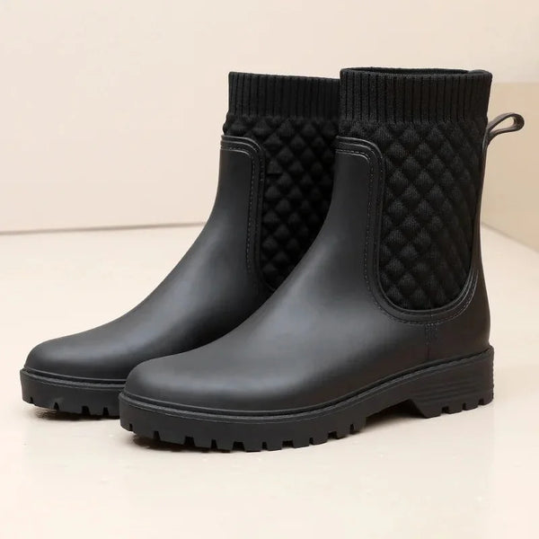 Black Women's Waterproof Rain Boots — Siobhan Ribbed Knit Lug Sole - Front Full