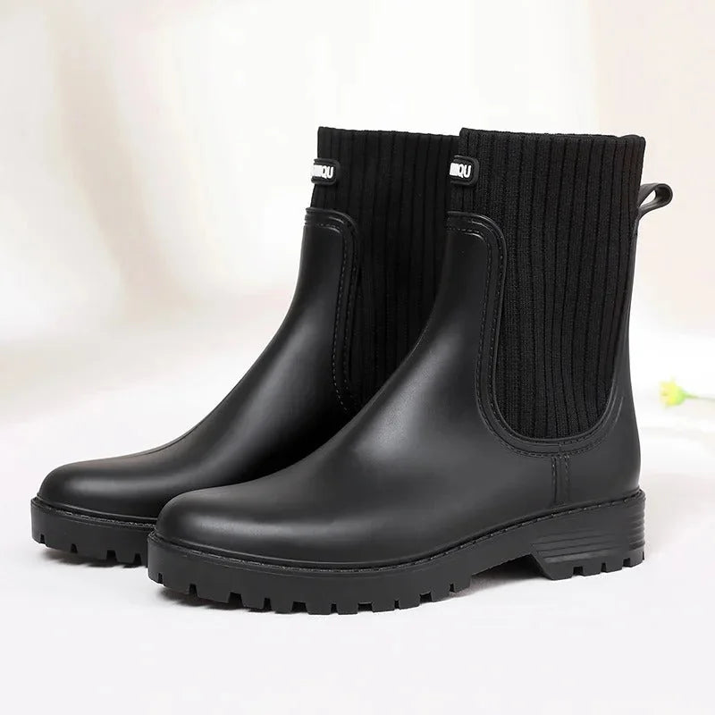 Black Women's Waterproof Rain Boots — Siobhan Ribbed Knit Lug Sole - Side Profile