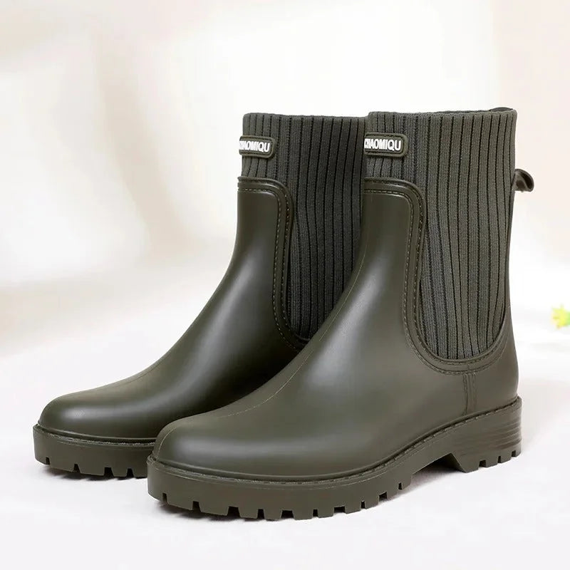 Green Women's Waterproof Rain Boots — Siobhan Ribbed Knit Lug Sole - Front Pair