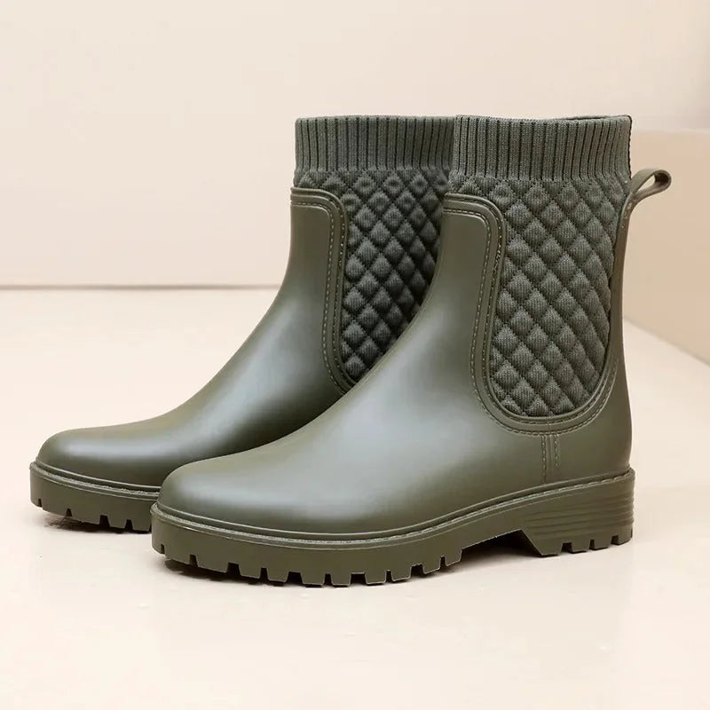 Green Women's Waterproof Rain Boots — Siobhan Ribbed Knit Lug Sole - Three Quarter View