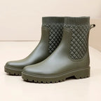 Green Women's Waterproof Rain Boots — Siobhan Ribbed Knit Lug Sole - Three Quarter View