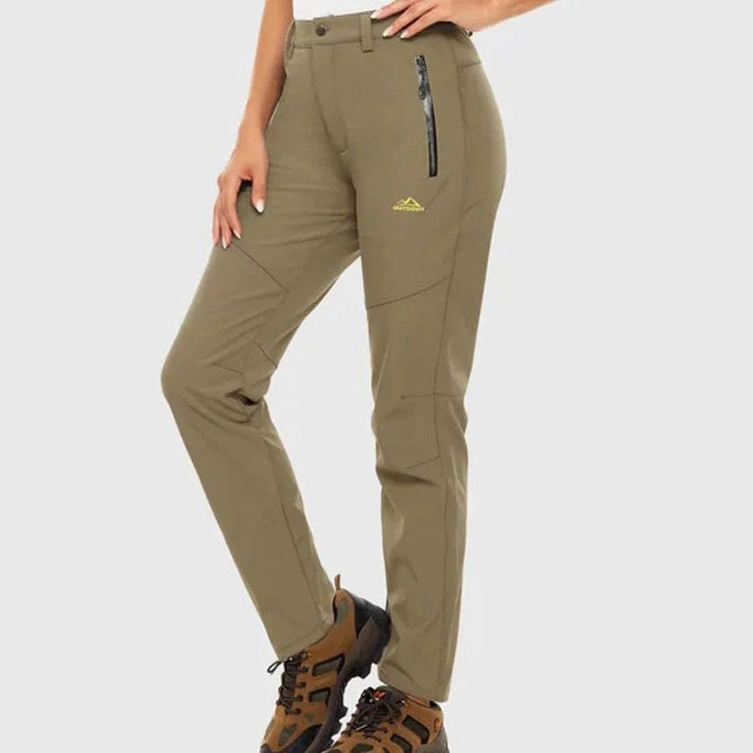 Khaki Women's Waterproof Fleece-Lined Outdoor Pants with Zip Pockets