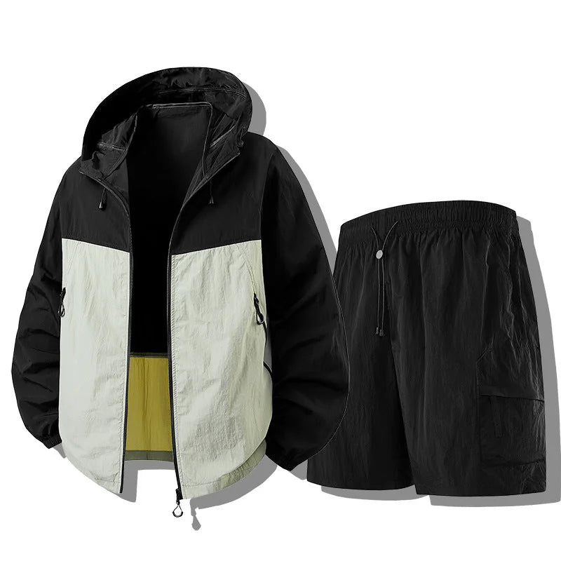 Black Green Men's Waterproof Jacket Set with Hooded Design & Cargo Shorts - Side Pose