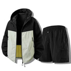Black Green Men's Waterproof Jacket Set with Hooded Design & Cargo Shorts - Side Pose