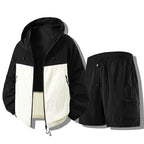 Black White Men's Waterproof Jacket Set with Hooded Design & Cargo Shorts