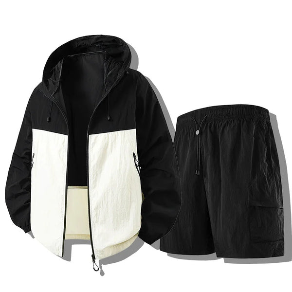 Black White Men's Waterproof Jacket Set with Hooded Design & Cargo Shorts