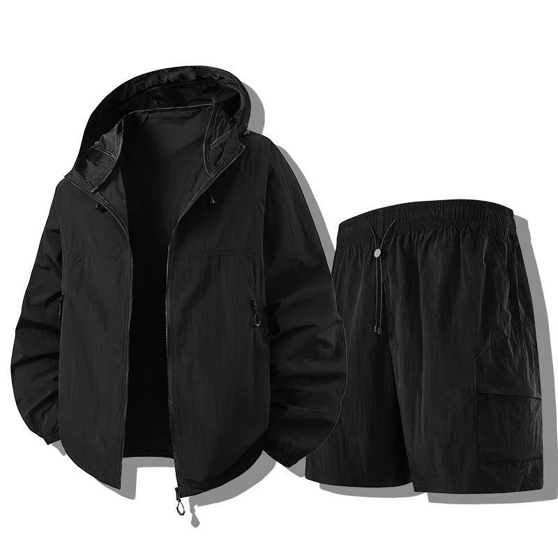 Black Men's Waterproof Jacket Set with Hooded Design & Cargo Shorts — Joanna