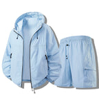 Blue Men's Waterproof Jacket Set with Hooded Design & Cargo Shorts