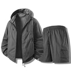 Cement gray Men's Waterproof Jacket Set with Hooded Design & Cargo Shorts