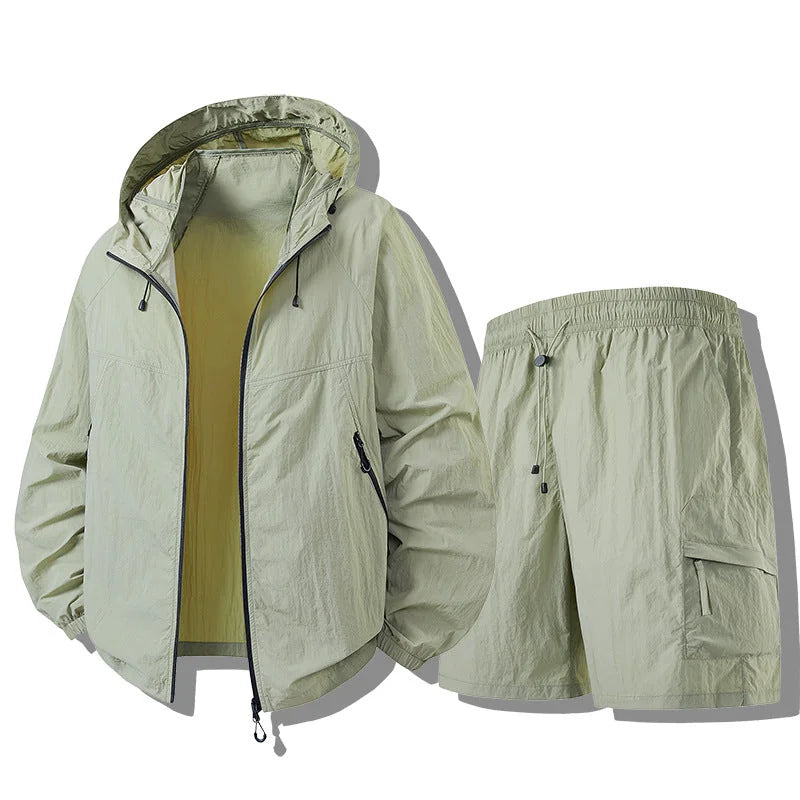 Coriander green Men's Waterproof Jacket Set with Hooded Design & Cargo Shorts
