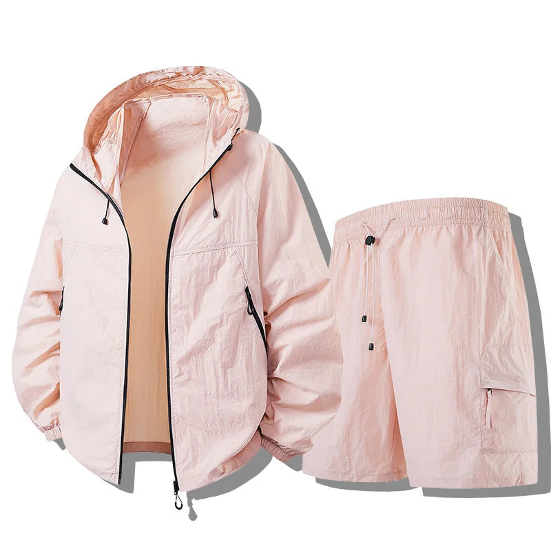 Ice Rose Men's Waterproof Jacket Set with Hooded Design & Cargo Shorts - Flat Lay