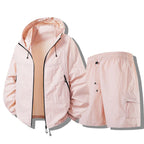 Ice Rose Men's Waterproof Jacket Set with Hooded Design & Cargo Shorts - Flat Lay