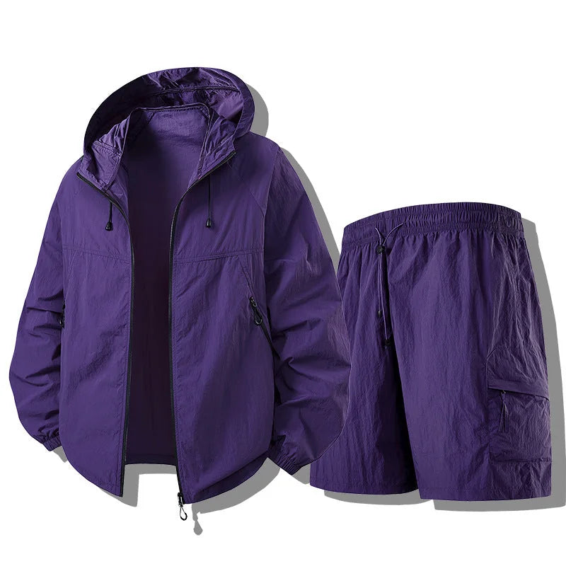Lilac Men's Waterproof Jacket Set with Hooded Design & Cargo Shorts — Joanna