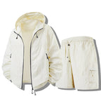 White Men's Waterproof Jacket Set with Hooded Design & Cargo Shorts