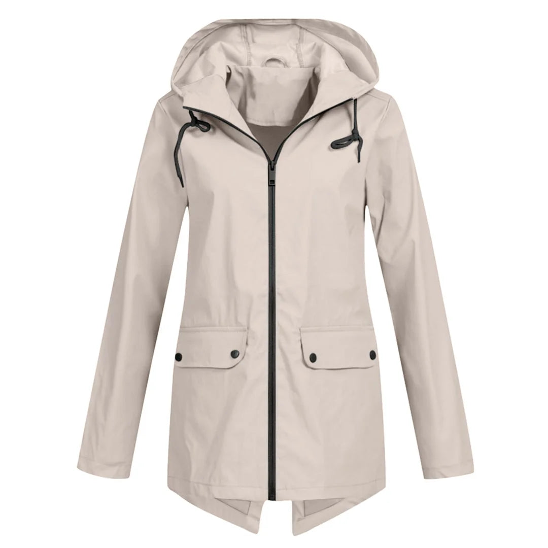 Apricot Women's Waterproof Jacket with Hooded Drawstring Design - Front Flat