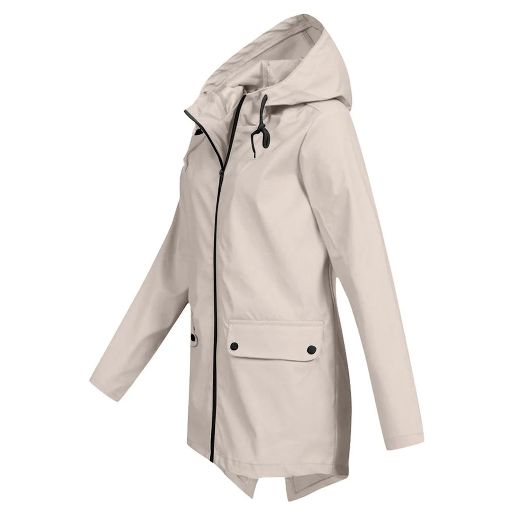 Women's Waterproof Jacket with Hooded Drawstring Design - Side Profile