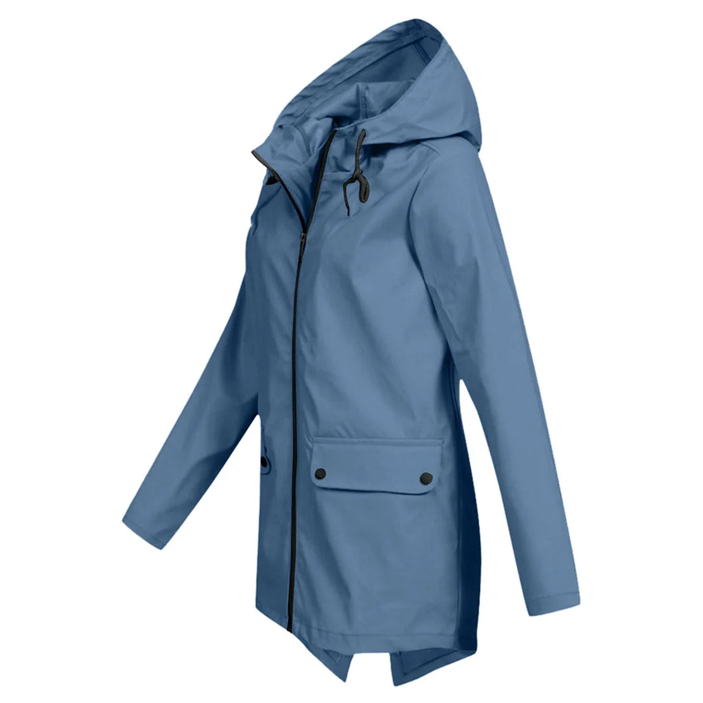 Women's Waterproof Jacket with Hooded Drawstring Design - Side Pose