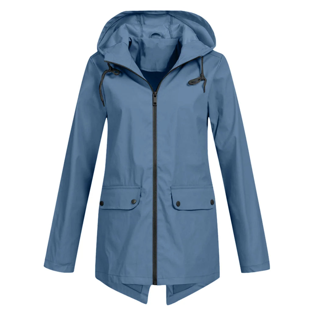 Blue Women's Waterproof Jacket with Hooded Drawstring Design