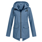 Blue Women's Waterproof Jacket with Hooded Drawstring Design