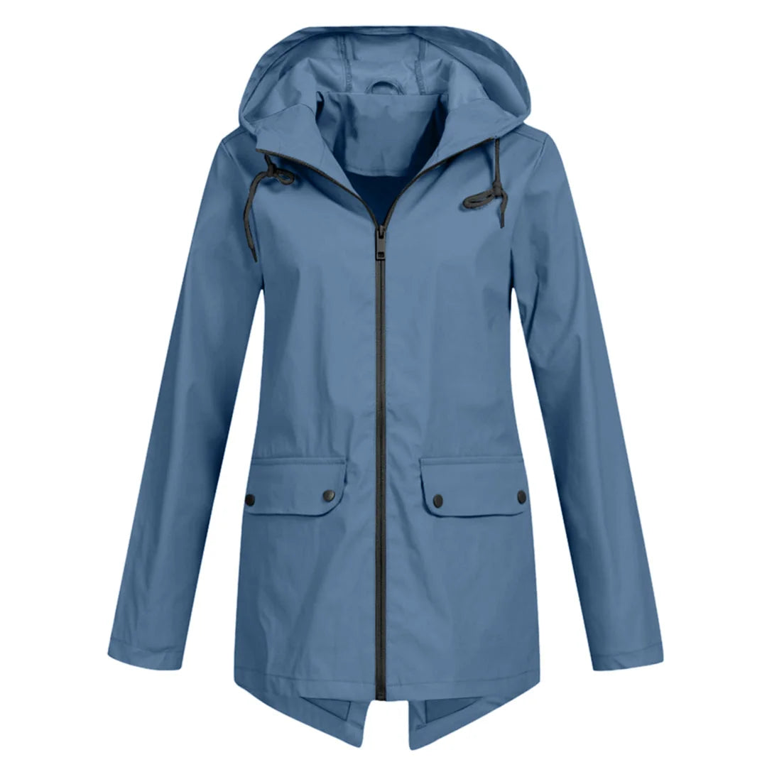 Blue Women's Waterproof Jacket with Hooded Drawstring Design