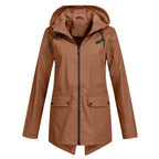 Coffee Women's Waterproof Jacket with Hooded Drawstring Design - Front Studio