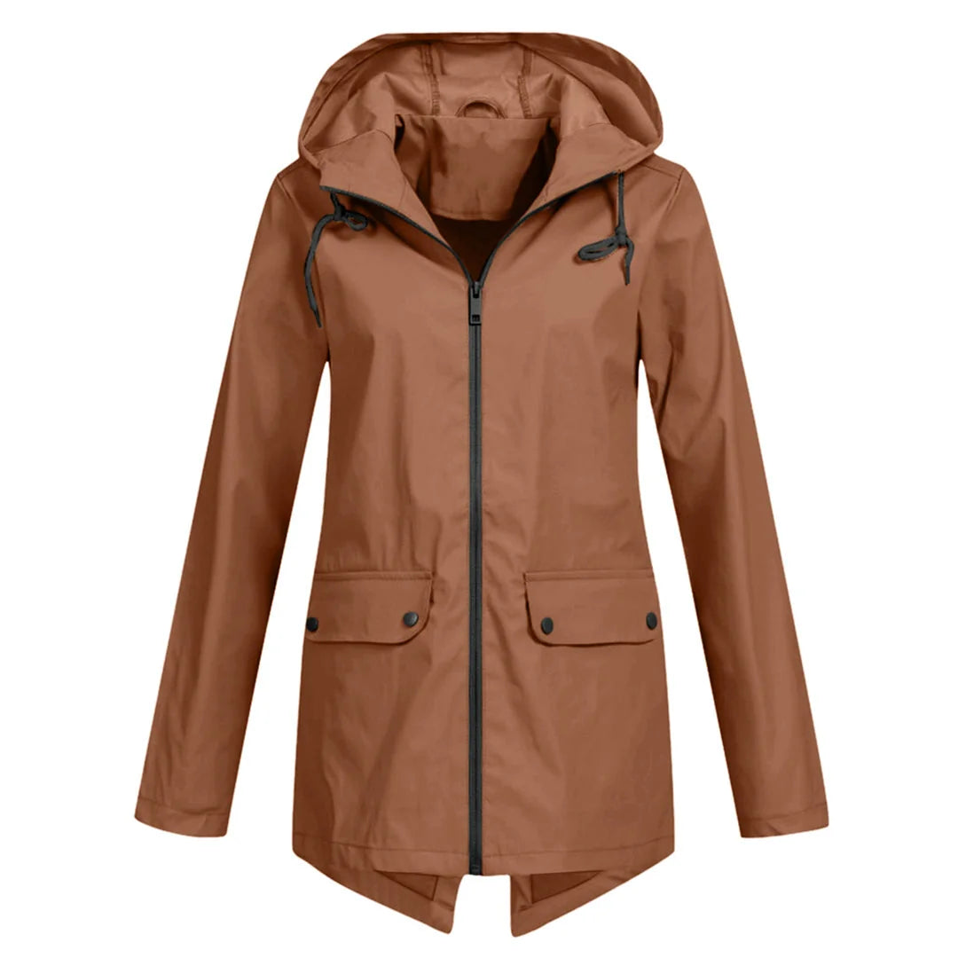 Coffee Women's Waterproof Jacket with Hooded Drawstring Design - Front Studio