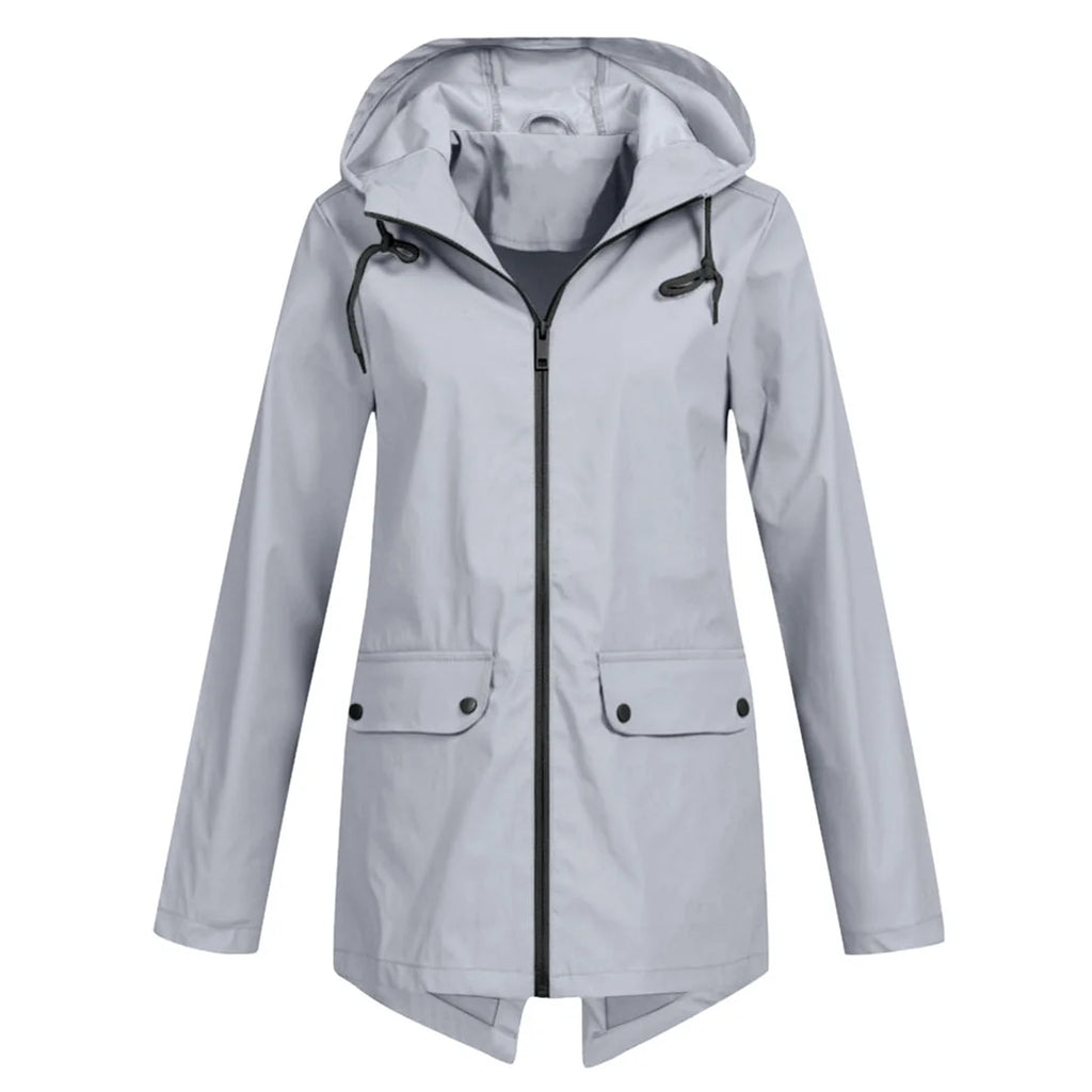 Grey Women's Waterproof Jacket with Hooded Drawstring Design