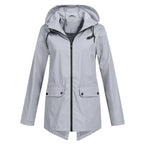 Grey Women's Waterproof Jacket with Hooded Drawstring Design