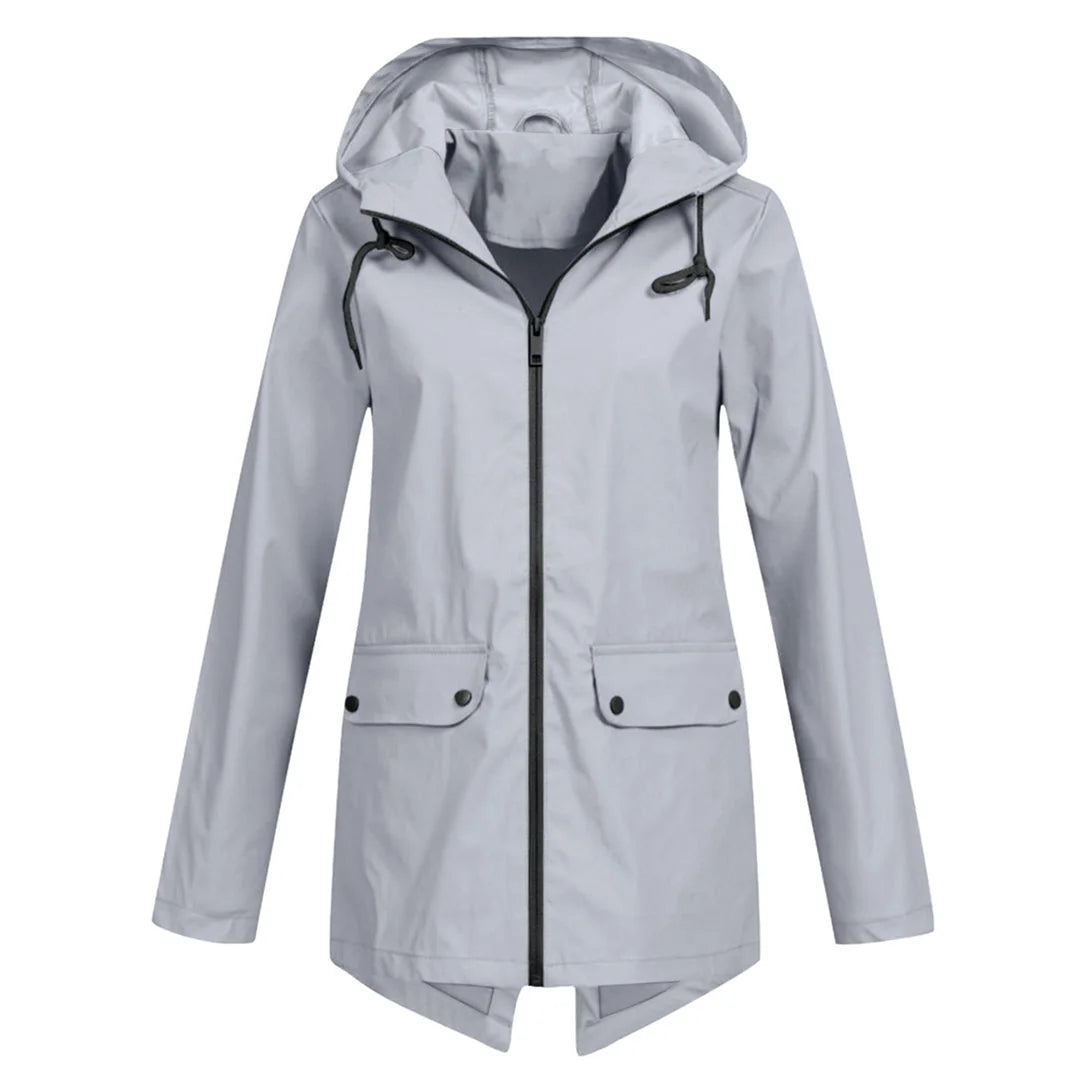 Grey Women's Waterproof Jacket with Hooded Drawstring Design