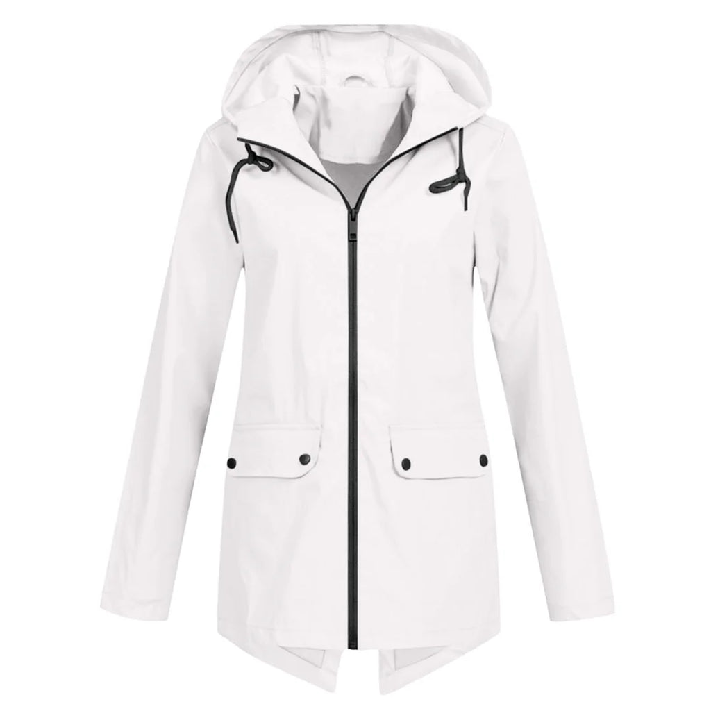 White Women's Waterproof Jacket with Hooded Drawstring Design