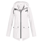 White Women's Waterproof Jacket with Hooded Drawstring Design