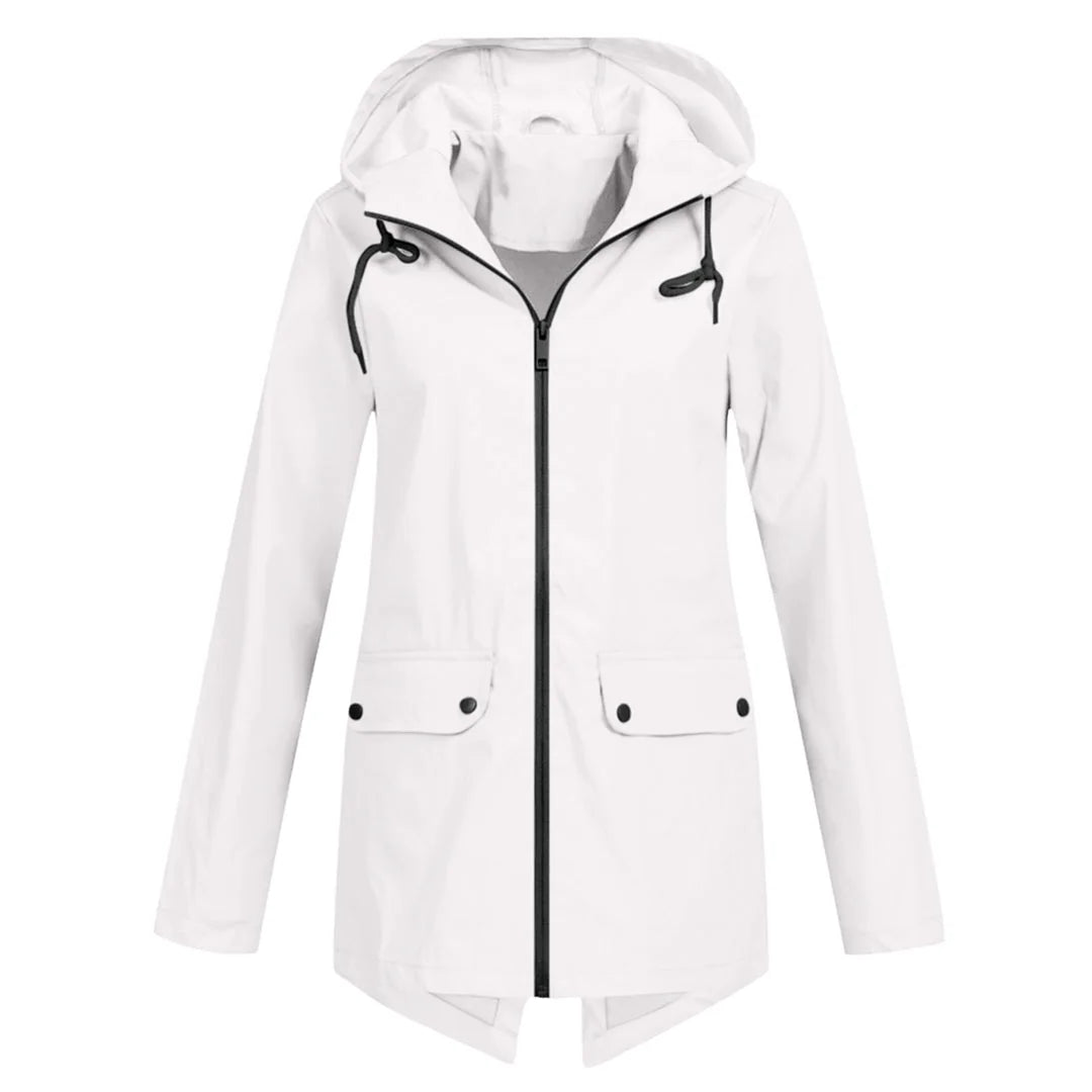 White Women's Waterproof Jacket with Hooded Drawstring Design