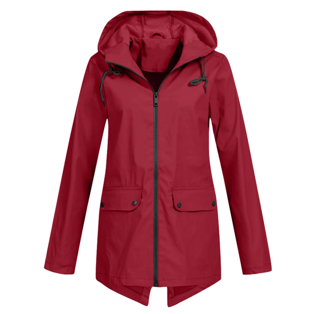 Wine Red Women's Waterproof Jacket with Hooded Drawstring Design - Front Pose