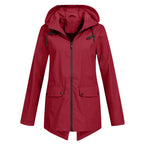 Wine Red Women's Waterproof Jacket with Hooded Drawstring Design - Front Pose