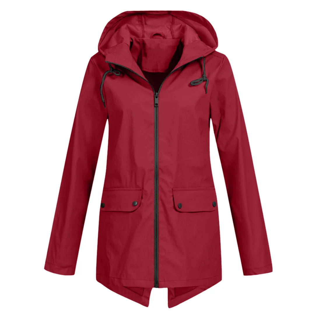 Wine Red Women's Waterproof Jacket with Hooded Drawstring Design - Front Pose
