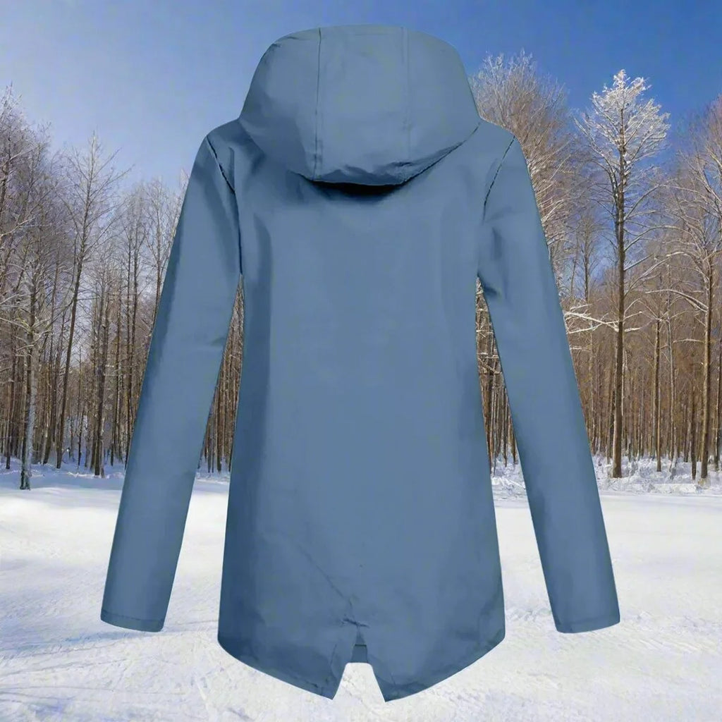 Blue Women's Waterproof Rain Coat — Amara Polyester Hooded Zip-Pocket - Back View Sunny