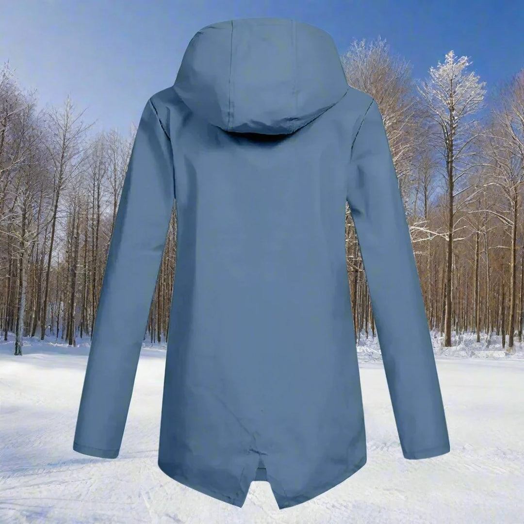 Blue Women's Waterproof Rain Coat — Amara Polyester Hooded Zip-Pocket - Back View Sunny