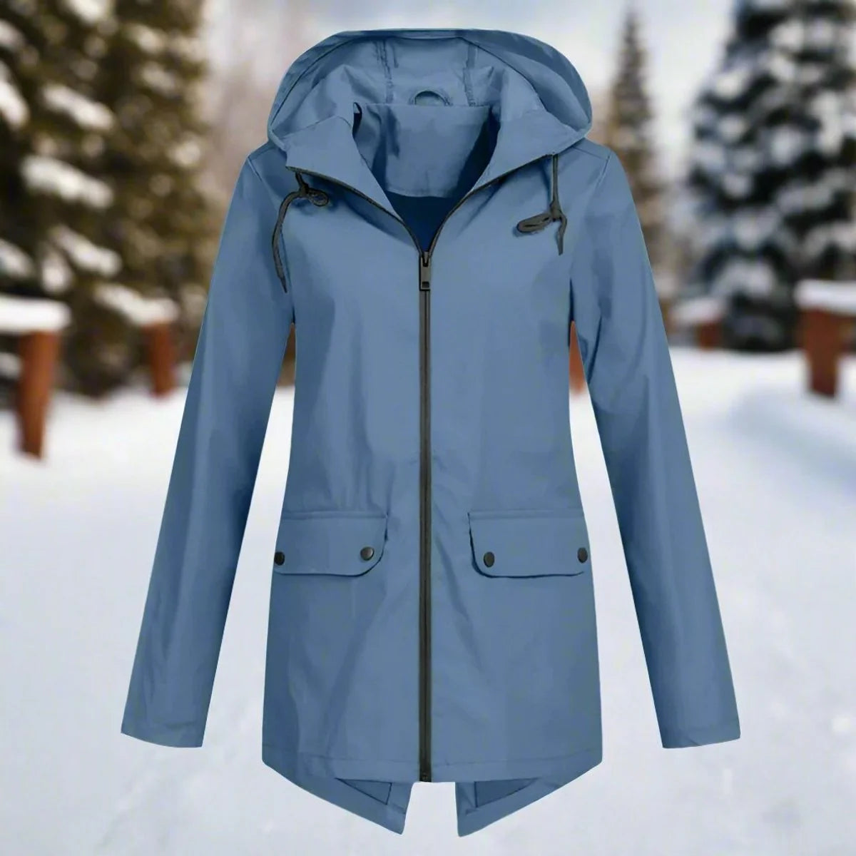 Blue Women's Waterproof Rain Coat — Amara Polyester Hooded Zip-Pocket - Front Flat Cabin Bg