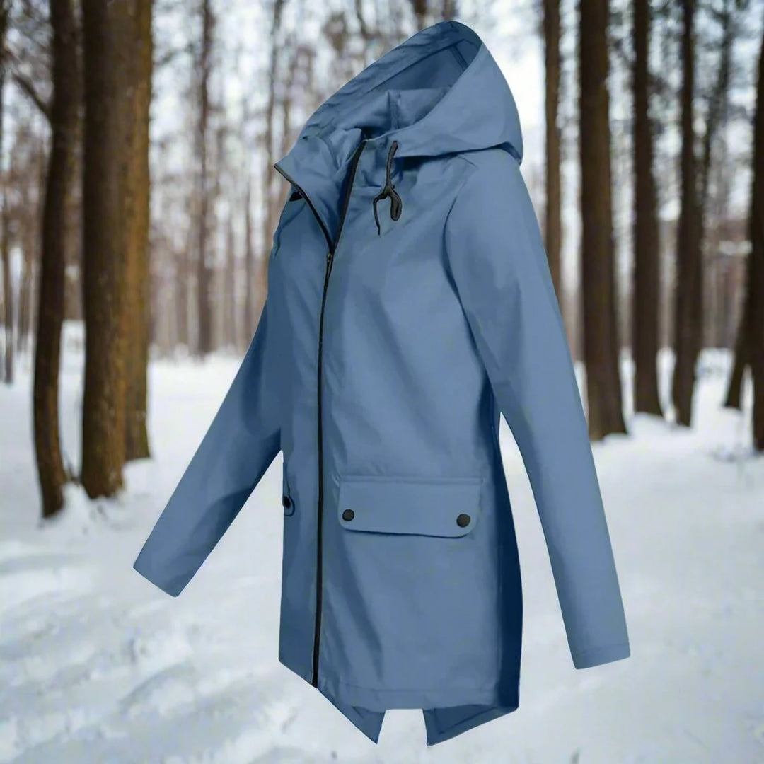 Blue Women's Waterproof Rain Coat — Amara Polyester Hooded Zip-Pocket - Side Profile Zipped