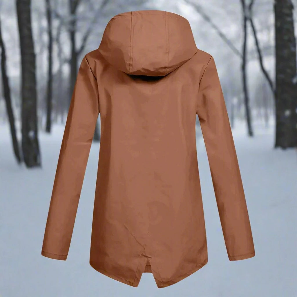 Brown Women's Waterproof Rain Coat — Amara Polyester Hooded Zip-Pocket - Back View Forest