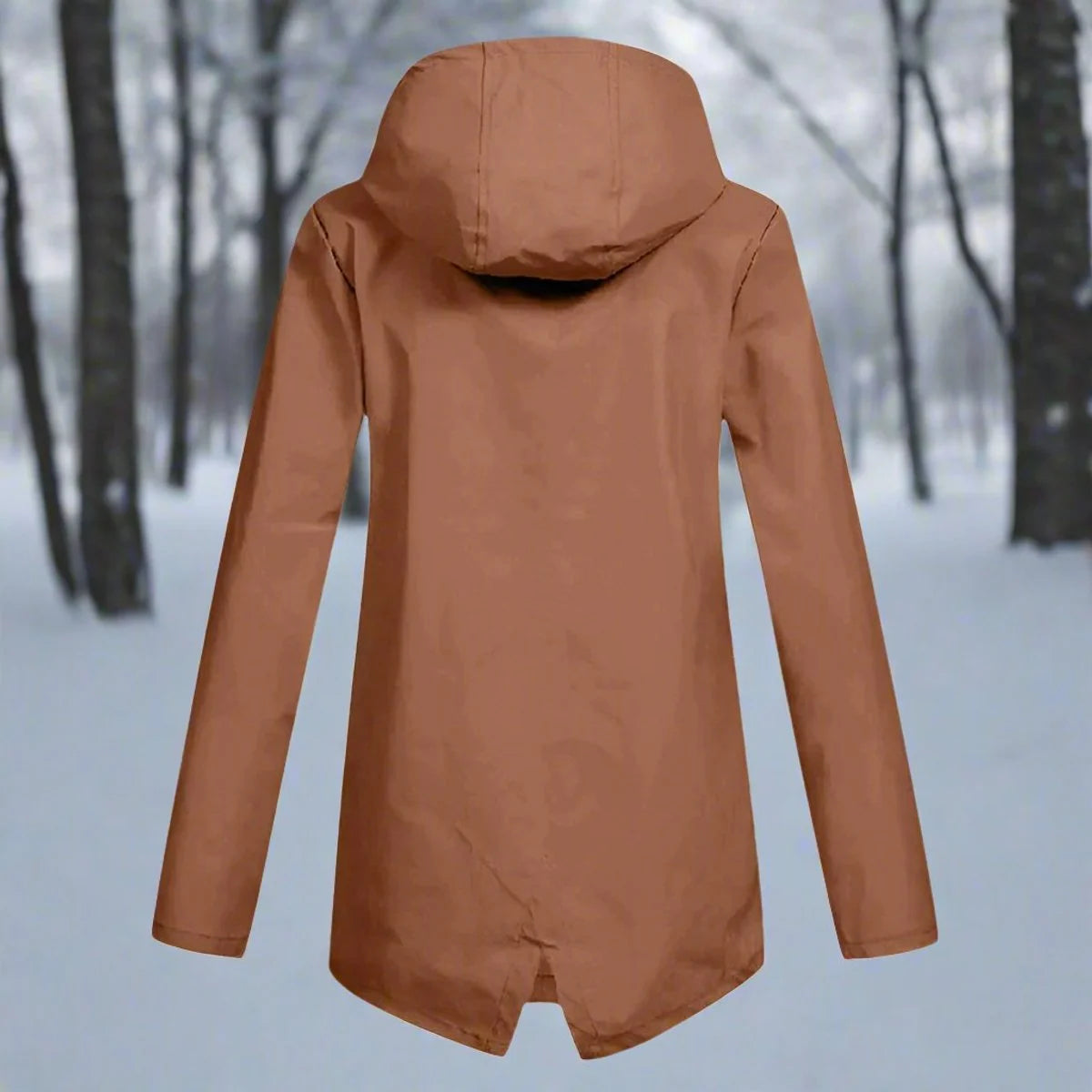 Brown Women's Waterproof Rain Coat — Amara Polyester Hooded Zip-Pocket - Back View Forest