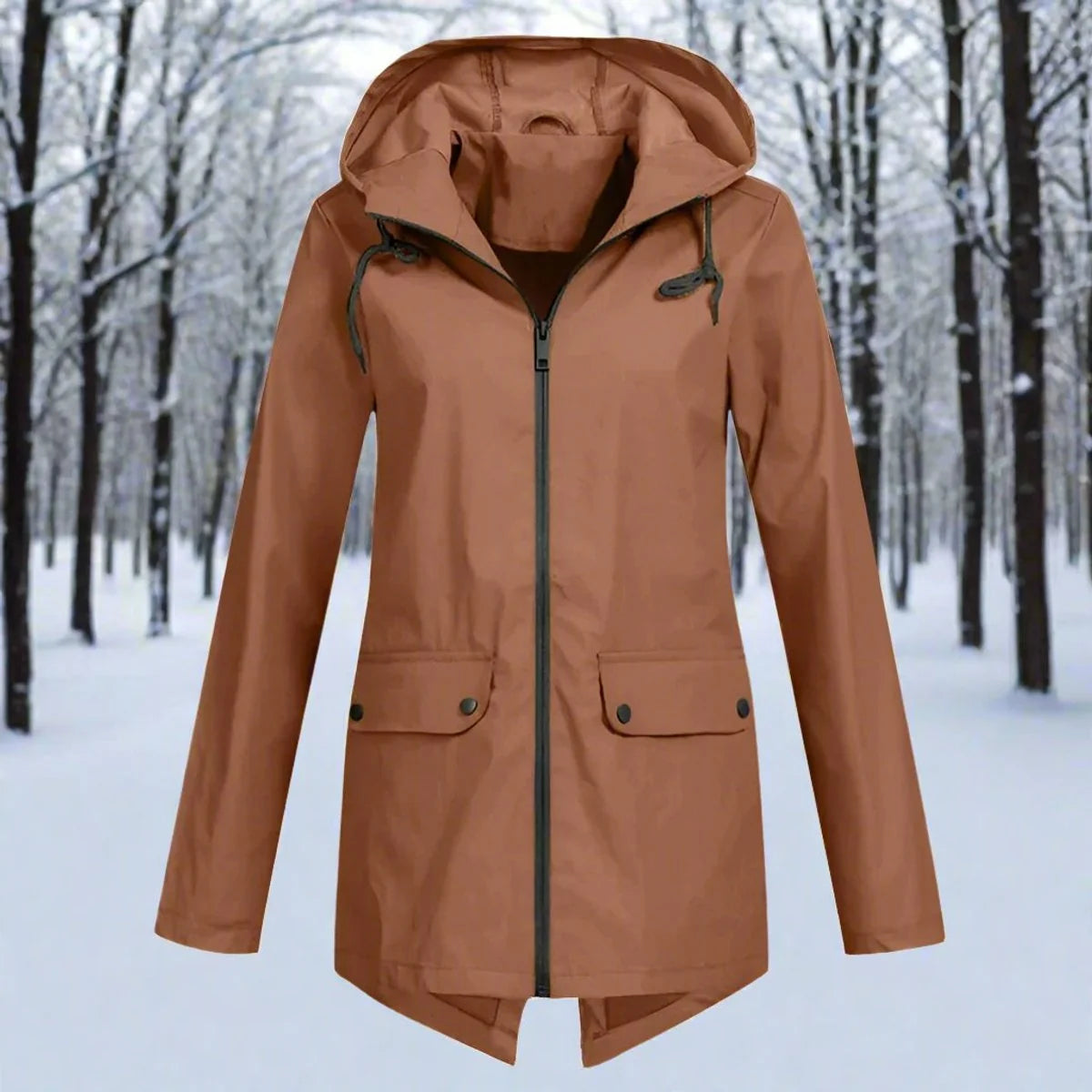 Brown Women's Waterproof Rain Coat — Amara Polyester Hooded Zip-Pocket - Front Flat Snow
