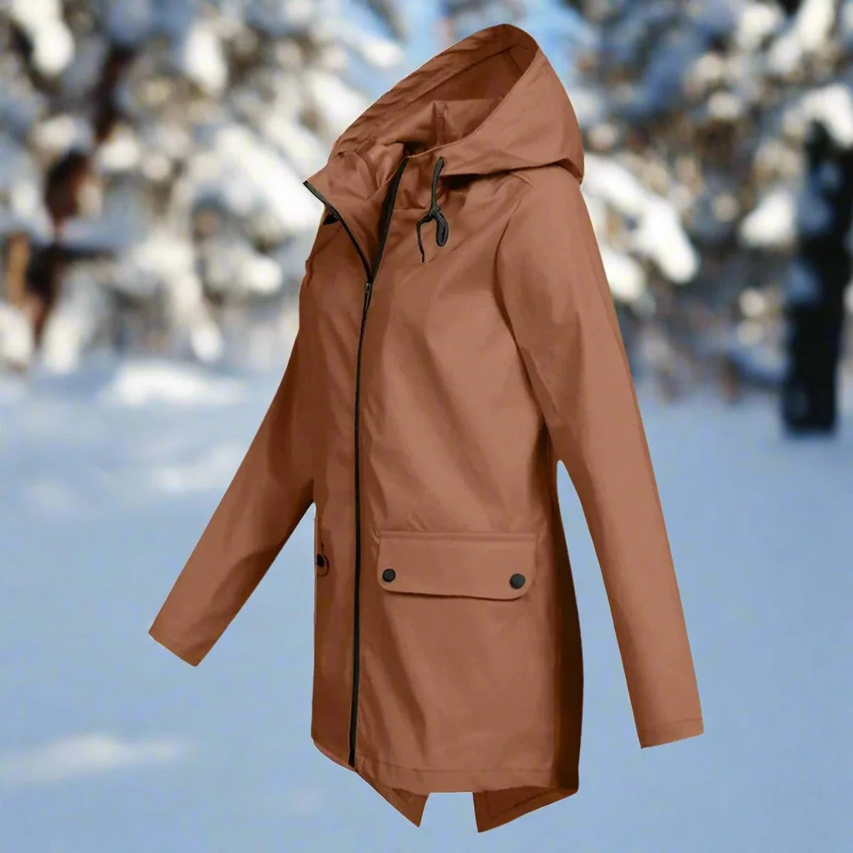 Brown Women's Waterproof Rain Coat — Amara Polyester Hooded Zip-Pocket - Side Profile Pockets