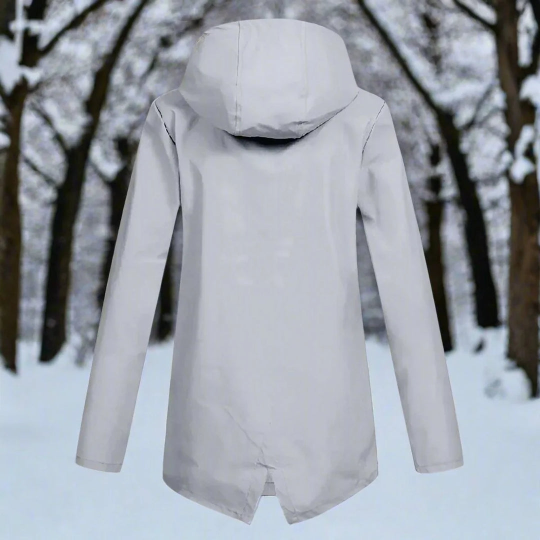 Gray Women's Waterproof Rain Coat — Amara Polyester Hooded Zip-Pocket - Back View Treeline
