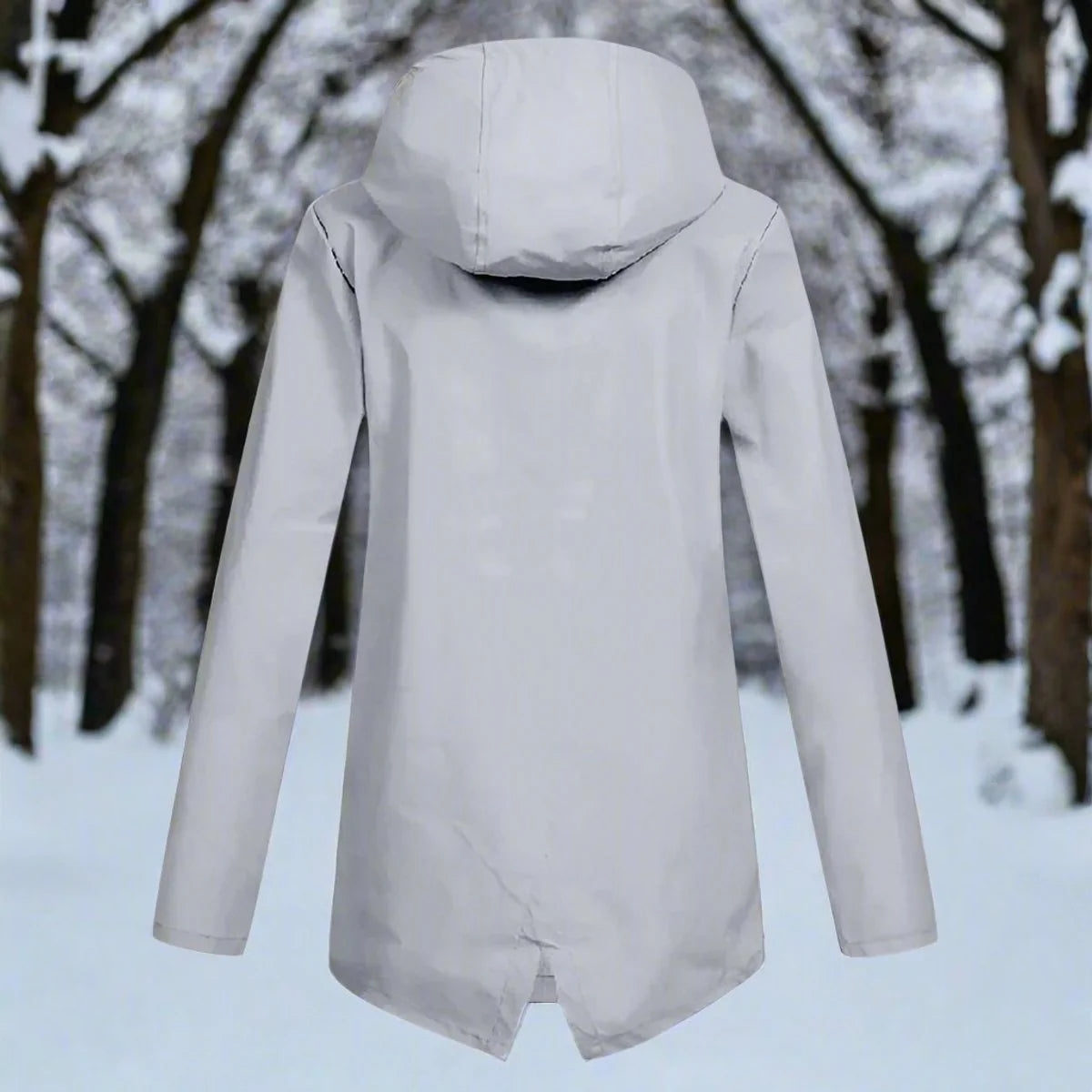Gray Women's Waterproof Rain Coat — Amara Polyester Hooded Zip-Pocket - Back View Treeline